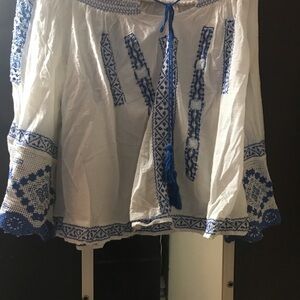 Free People White and Blue Embroidered Crop Top